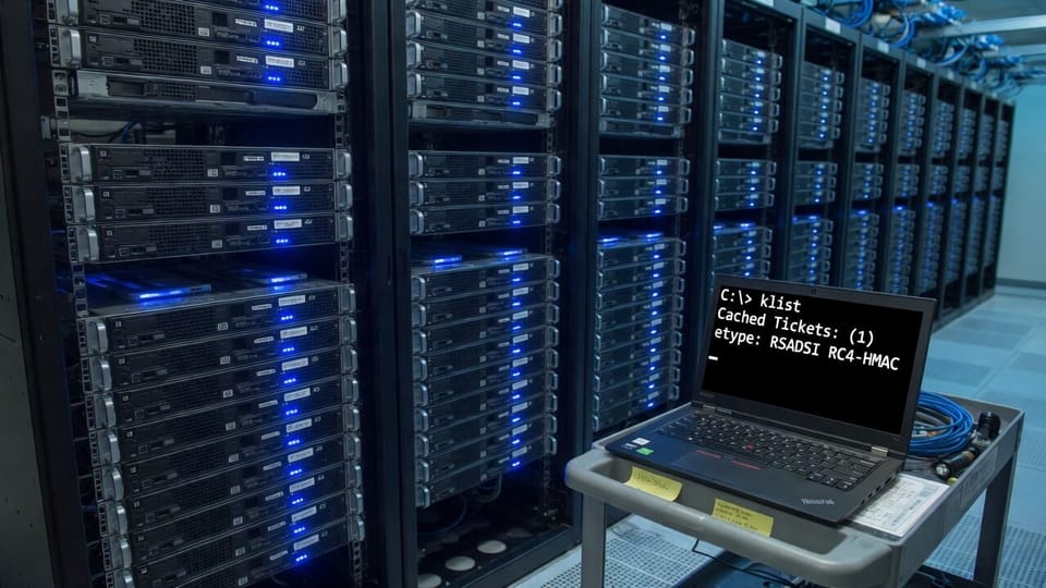 Domain controller rack with a laptop console showing a Kerberos ticket using RC4-HMAC encryption