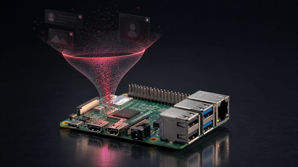 Raspberry Pi board with a glowing red funnel pulling in and dissolving ad popup windows, a DNS sinkhole for ads