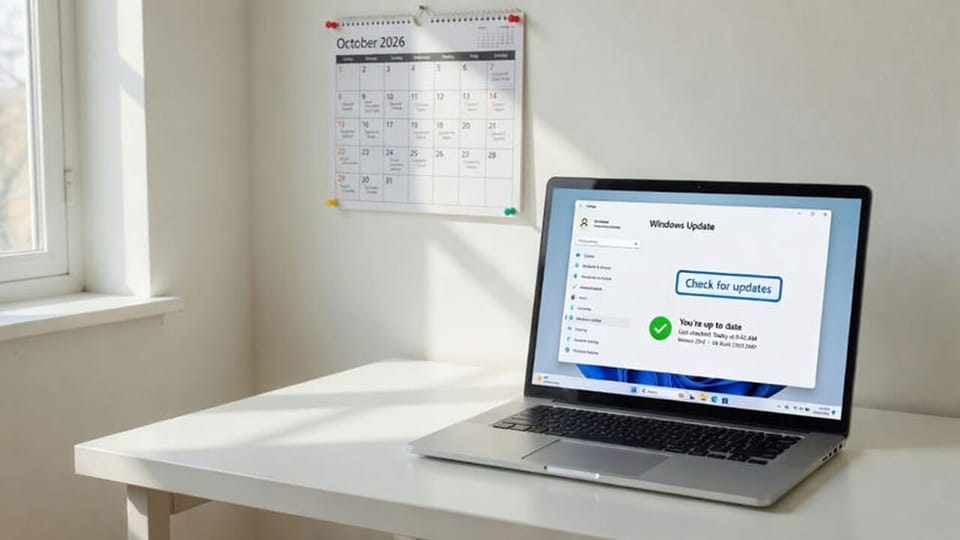 Laptop showing the Windows 11 Windows Update screen beside an October 2026 wall calendar