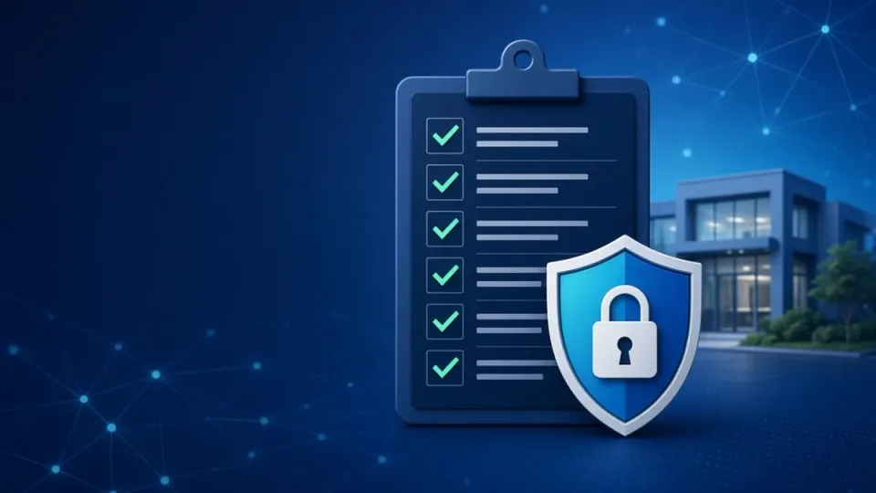 Security checklist clipboard with a padlock shield in front of an office building, for a cyber insurance questionnaire