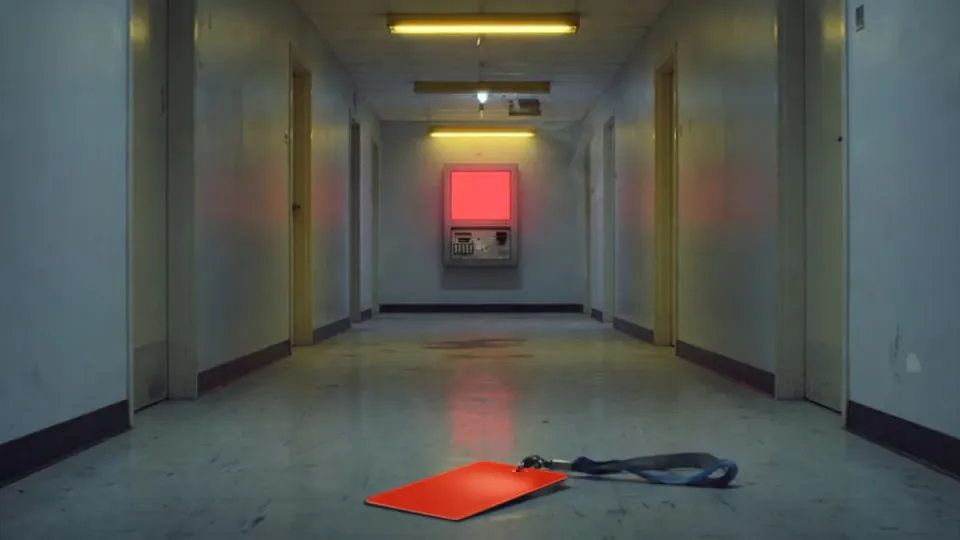 Glowing password reset kiosk with a dead red screen at the end of a dim corridor in mustard and slate light, for the Entra SSPR change