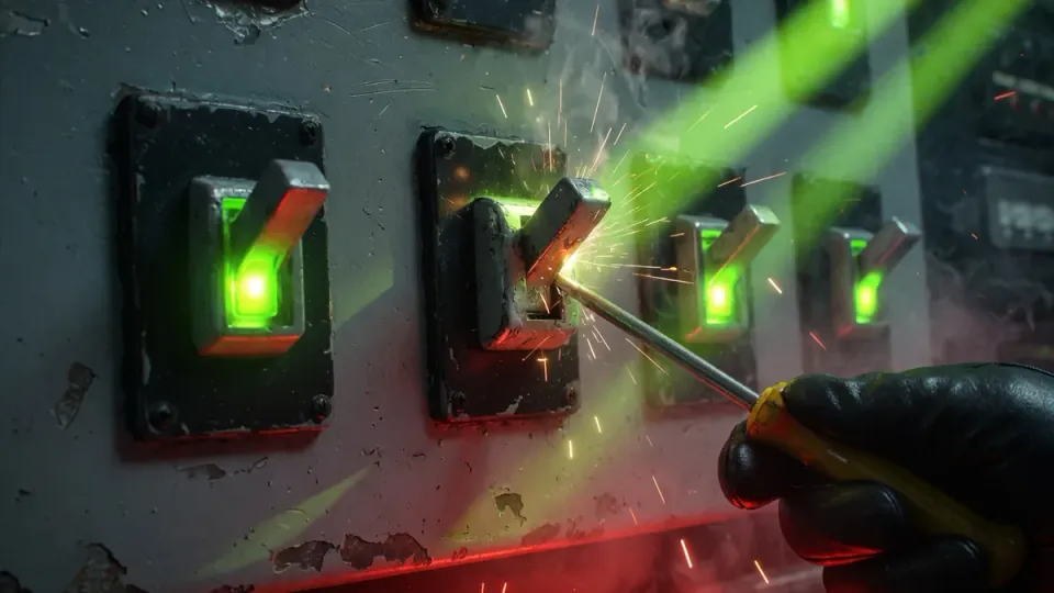 Gloved hand with a screwdriver forcing a jammed industrial switch in a dark server room, for the Smart App Control fix