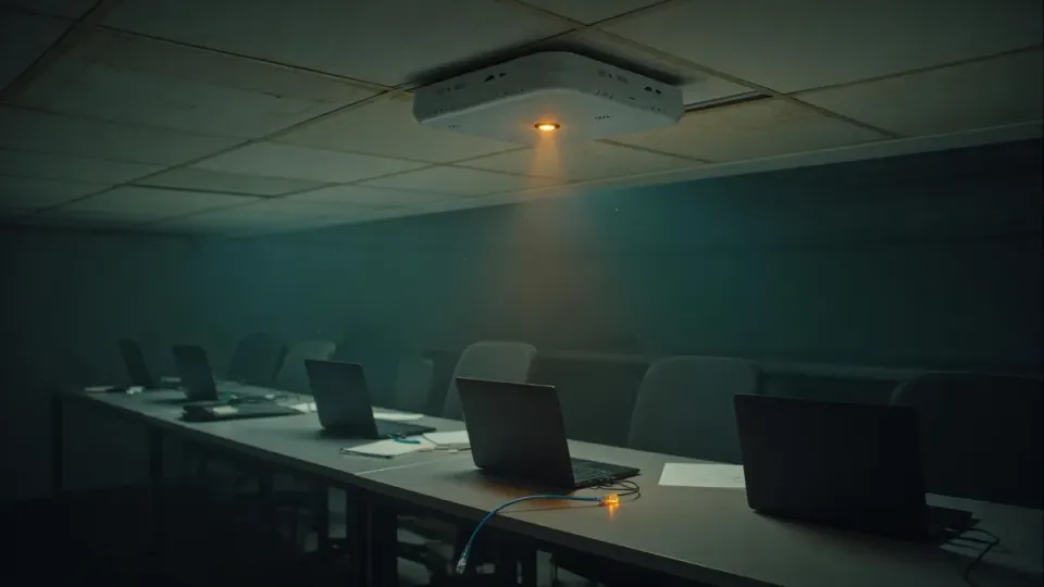 Office wireless access point blinking amber above a dark empty desk row in teal haze, for the KB5127648 Wi-Fi and VPN fix