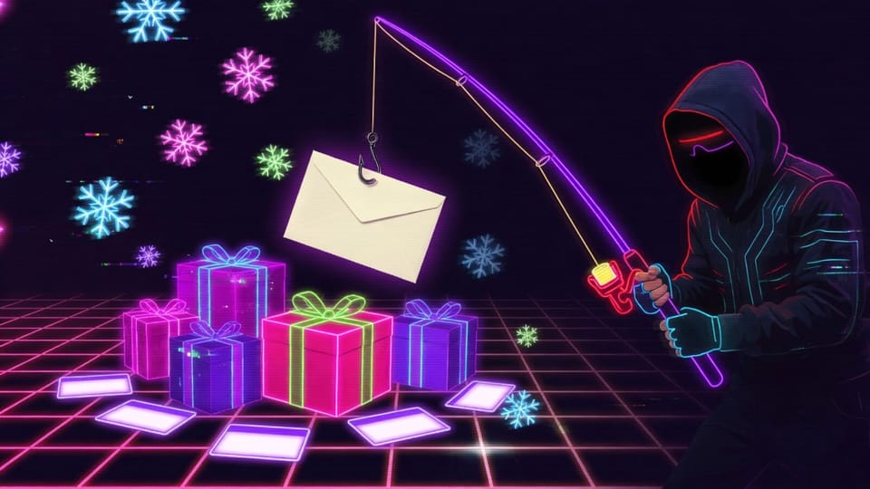 Synthwave neon illustration of glowing gift cards and presents with an invoice envelope dangling from a hooded hacker’s fishing hook