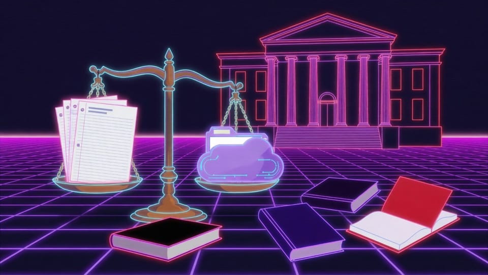 Synthwave neon courthouse with glowing scales of justice balancing a stack of legal documents against a glowing cloud folder