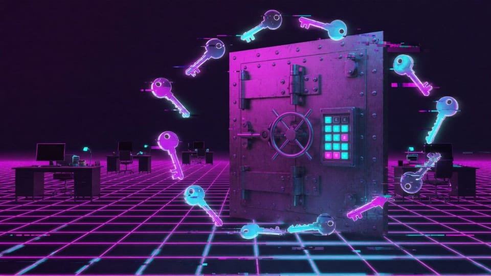 Free password managers for small business: synthwave steel vault door ringed by floating neon keys in an office