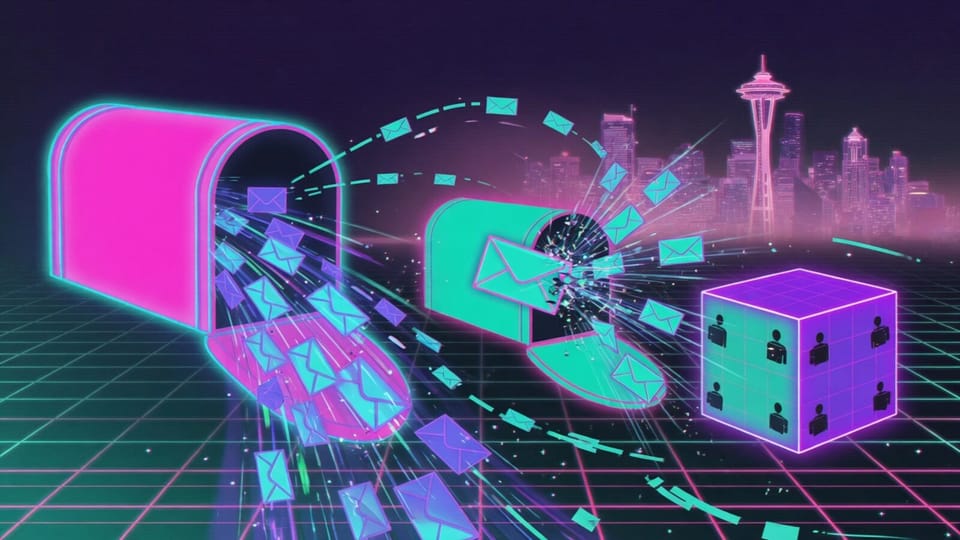 Synthwave neon illustration of three glowing mailboxes trading envelope light trails in front of the Seattle skyline
