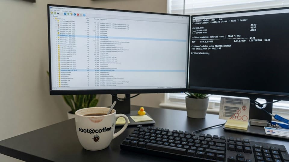 Admin desk with a Windows process tree on one monitor and a command prompt on the other