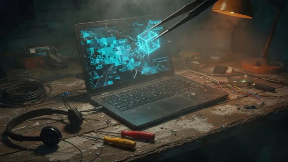 Tweezers pulling a glowing update cube out of a laptop screen on a cluttered workbench, for uninstalling a Windows 11 update