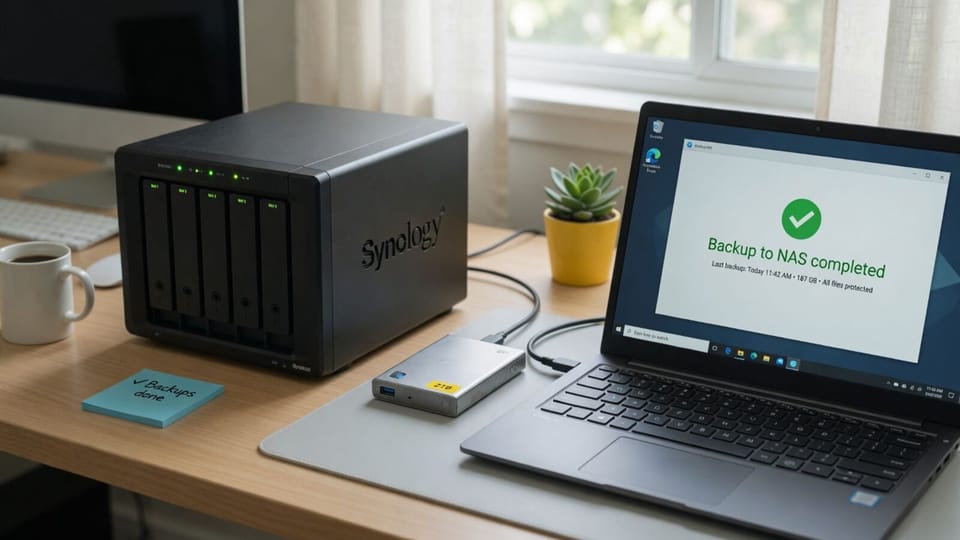NAS with drive activity lights, an external hard drive and a laptop showing a completed backup job