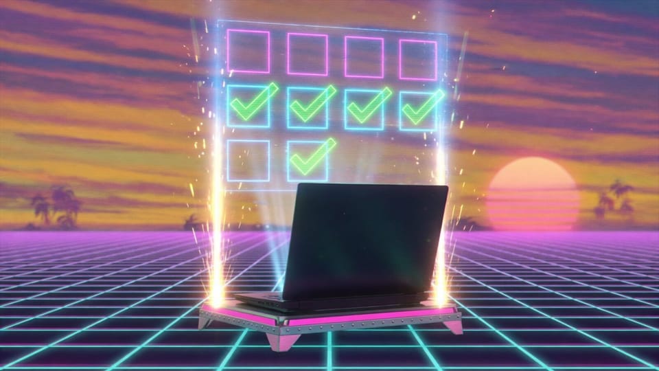 Synthwave neon art of a laptop on a launch pad with a glowing holographic checklist of checkmarks rising above it