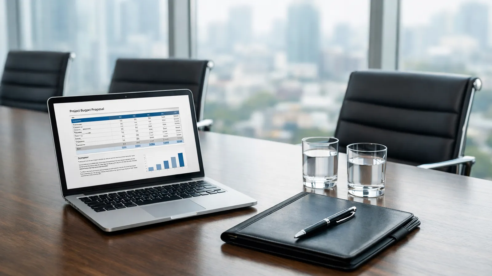 Business planning meeting with laptop showing IT solutions proposal and service agreement